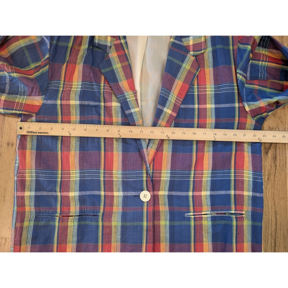 Adolfo Blazer Womens Large Plaid Preppy Oversized Blue Yellow Work Office - Picture 6 of 10